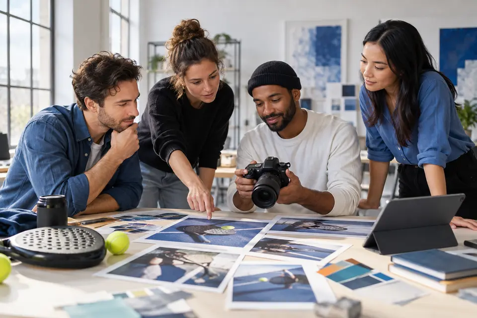 Illustrative Szene eines Kreativteams, das redaktionelle Fotografie vorbereitet